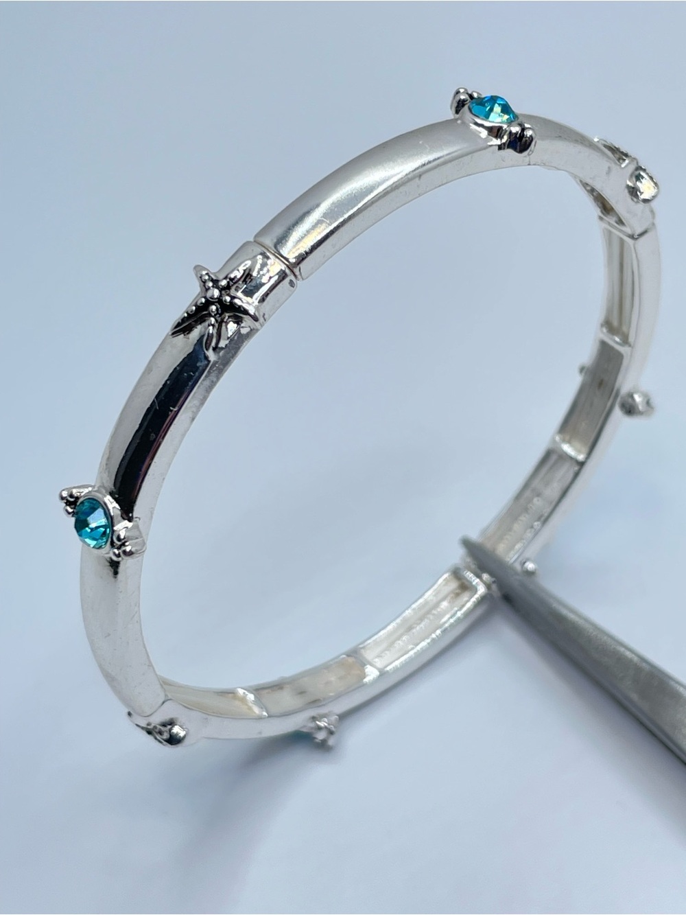 Silver Tone Blue Crystal Starfish Stretch Bracelet Coastal Beach Glam